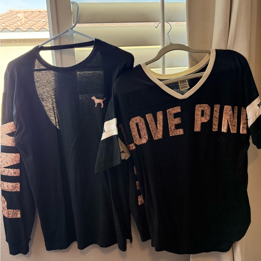 Bundle !! PINK Victoria's Secret Black Tees with Rose Gold Sequence Accents